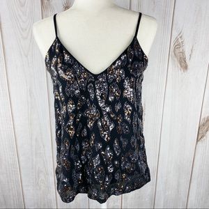 EXPRESS Black Satin Gold/Silver Sequin Sparkly V-Neck Sleeveless Blouse Top - S
